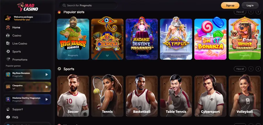 Interface Mad casino avec catégories de jeux et panneau de paiement Interface Mad casino avec catégories de jeux et panneau de paiement